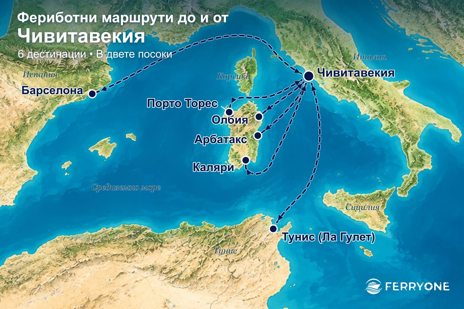 Карта на фериботните връзки до и от Чивитавекия: Олбия, Порто Торес, Барселона, Арбатакс, Каляри, Тунис.