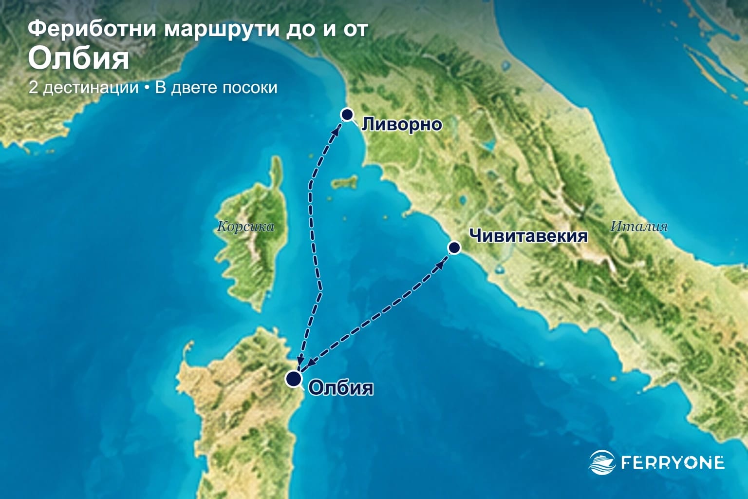 Карта на фериботните връзки до и от Олбия: Ливорно, Чивитавекия.