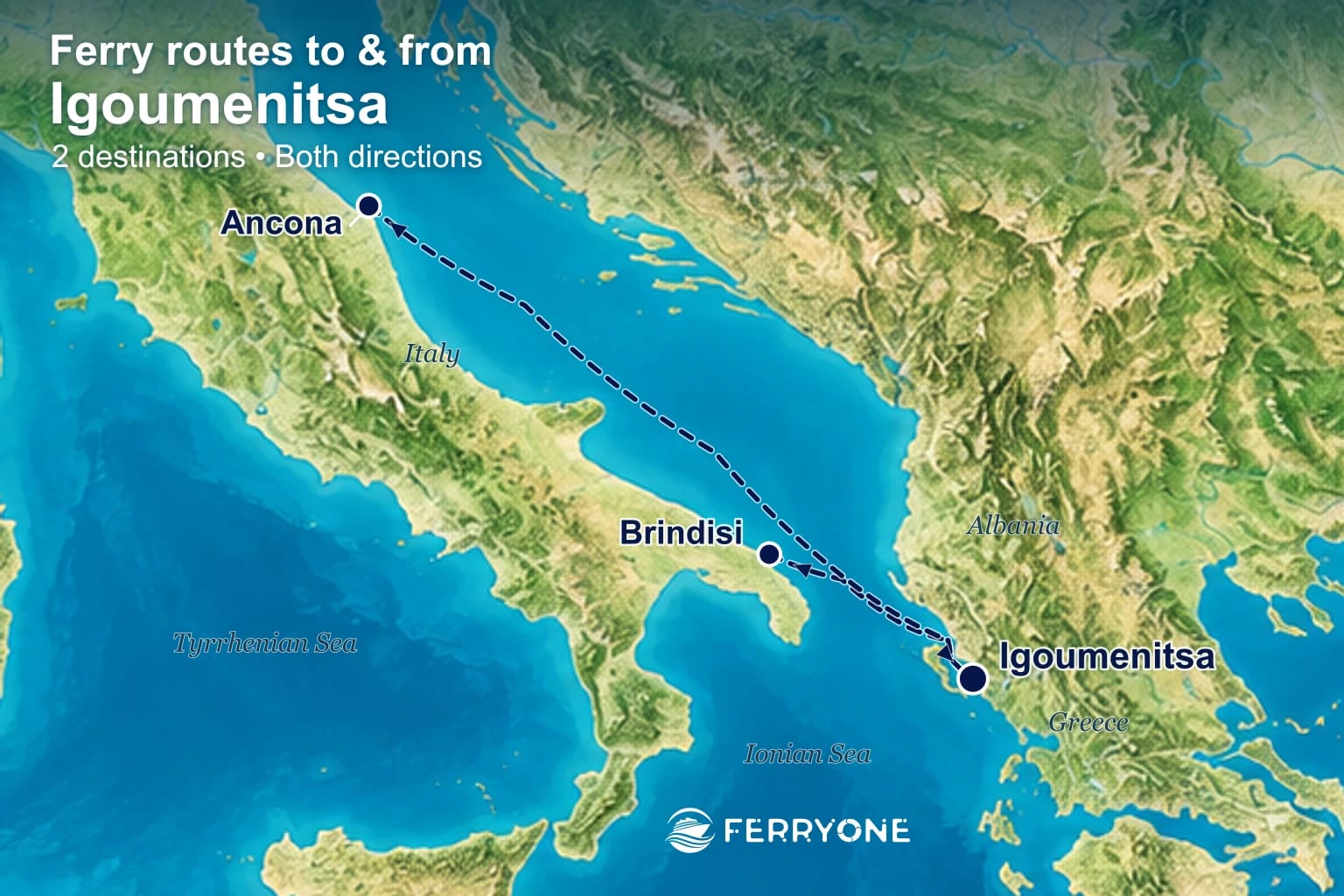 Map of ferry connections to and from Igoumenitsa: Brindisi, Ancona.