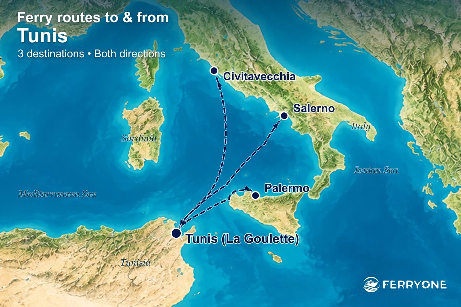 Map of ferry connections to and from Tunis: Civitavecchia, Salerno, Palermo.