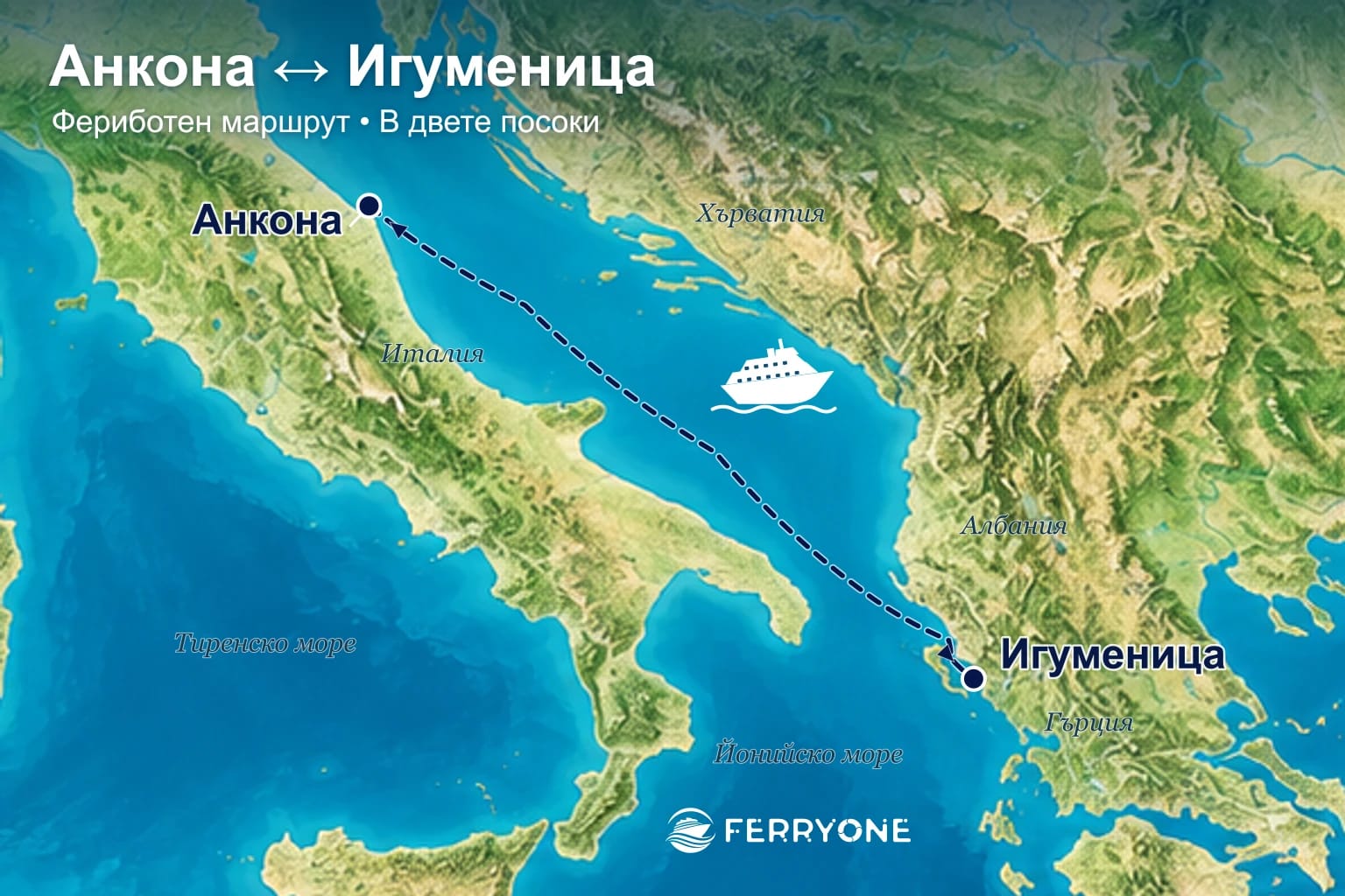 Карта на фериботния маршрут Игуменица – Анкона в двете посоки