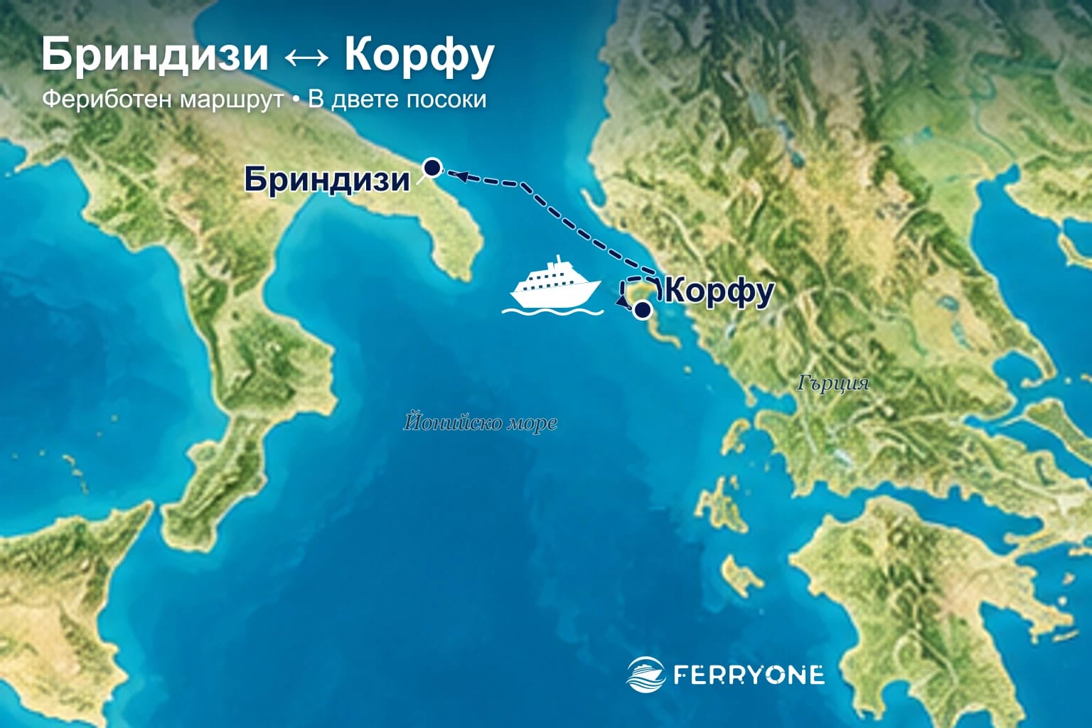 Карта на фериботния маршрут Бриндизи – Корфу в двете посоки