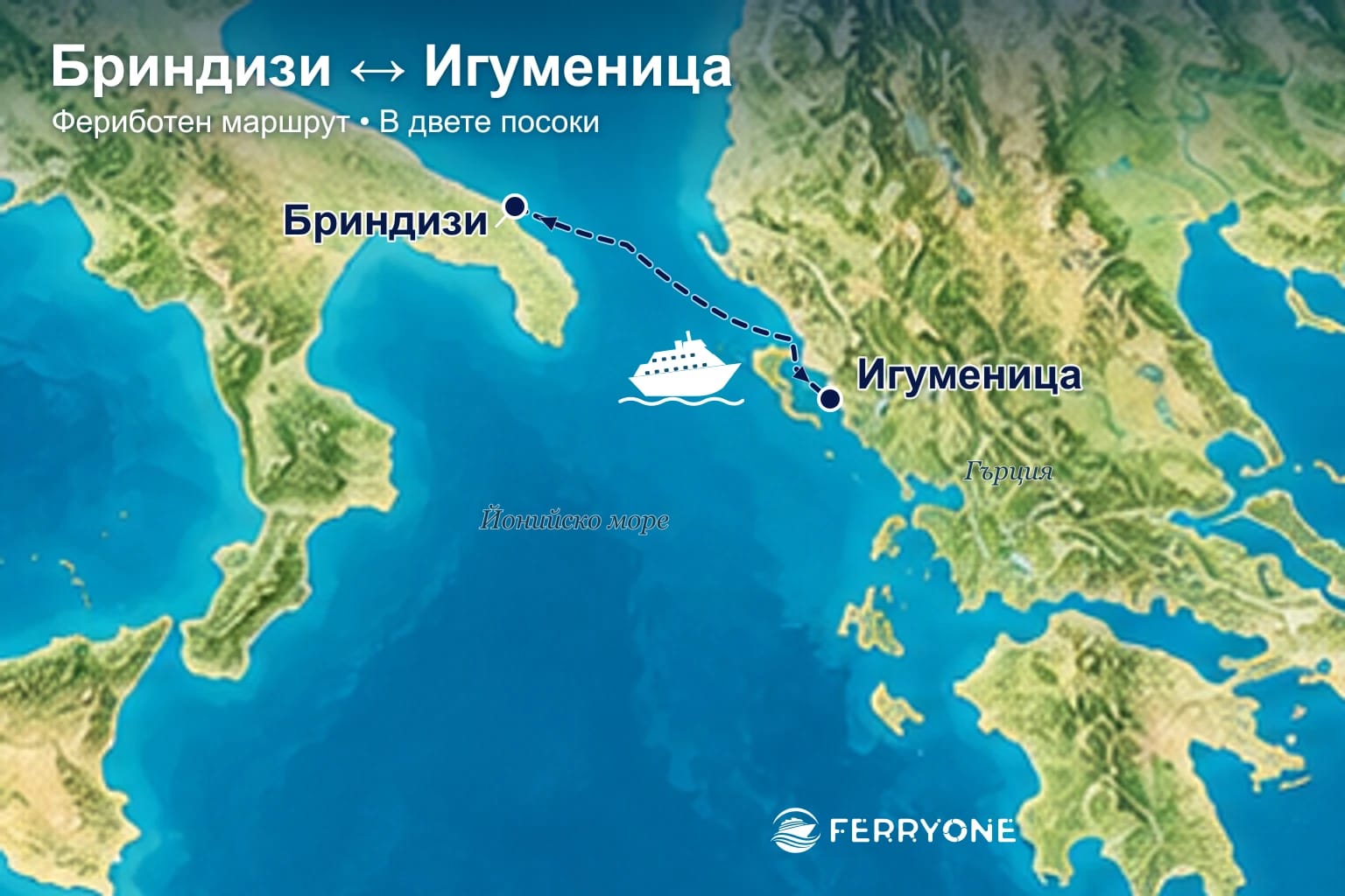 Карта на фериботния маршрут Игуменица – Бриндизи в двете посоки