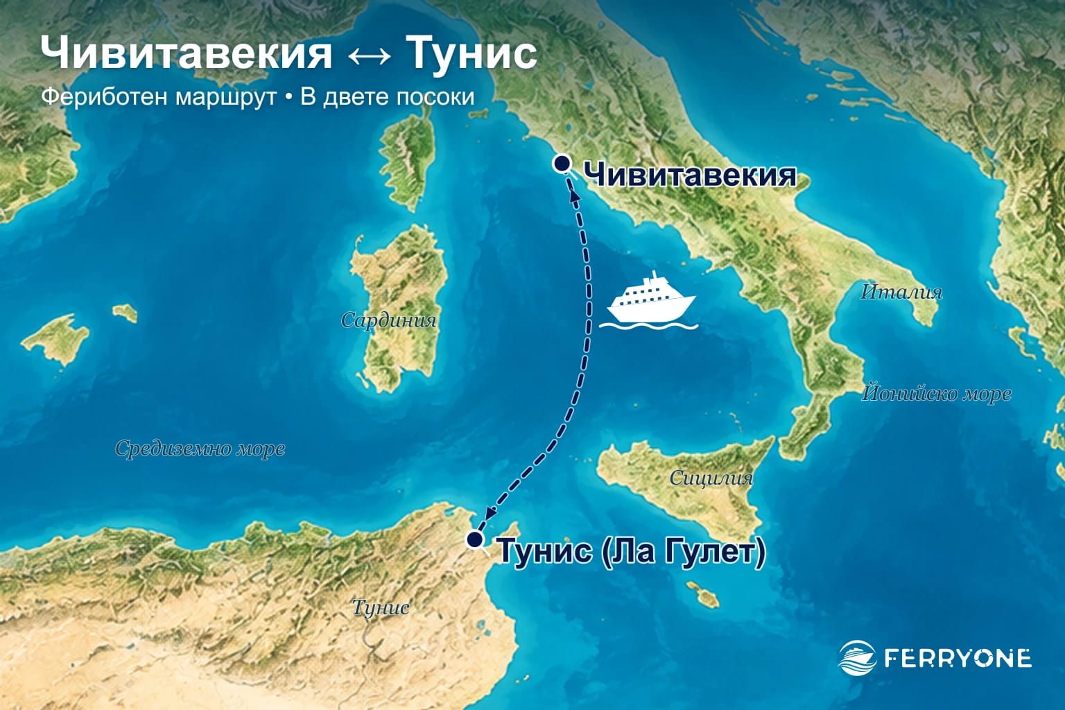 Карта на фериботния маршрут Чивитавекия – Тунис в двете посоки