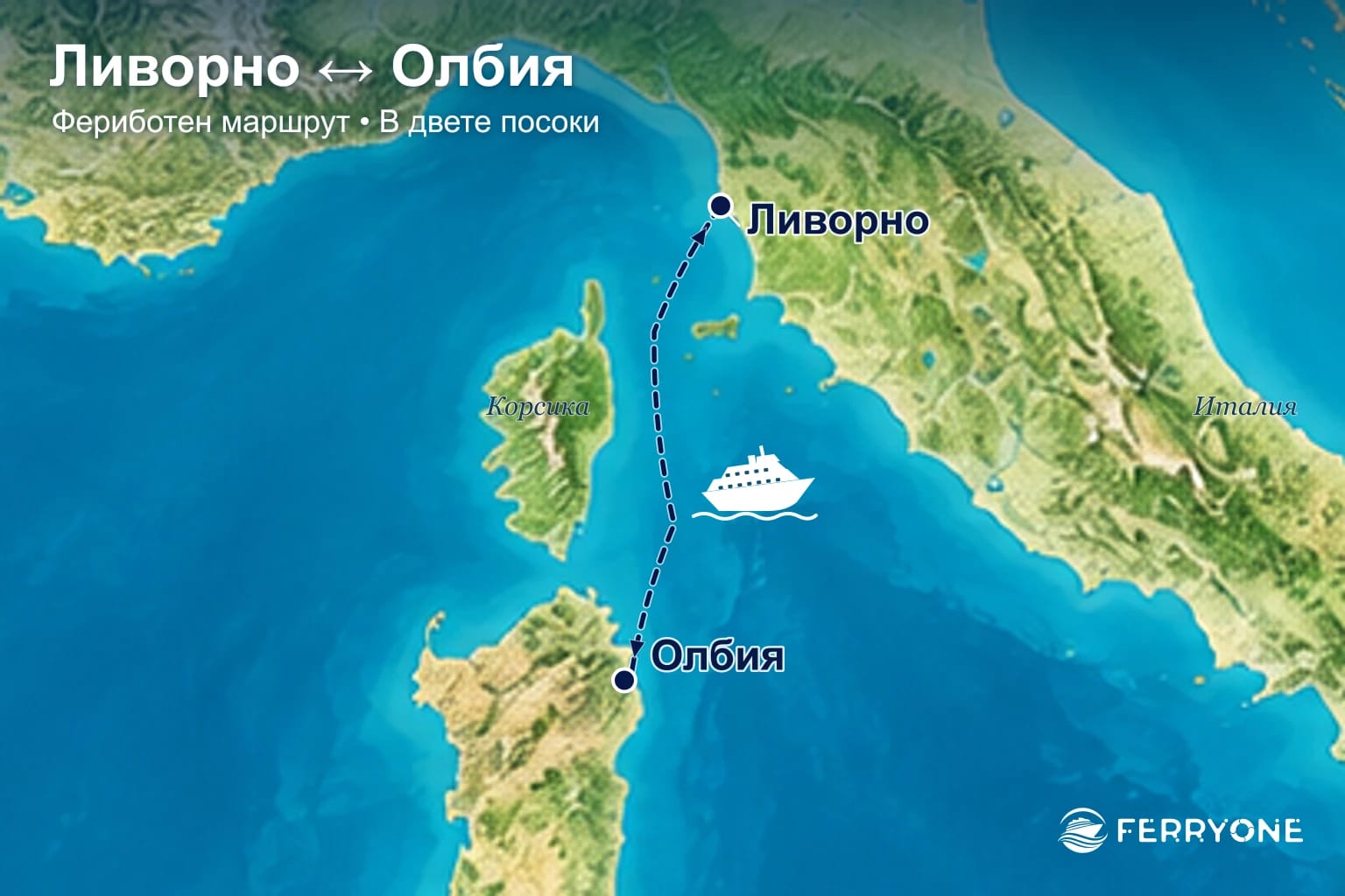 Карта на фериботния маршрут Ливорно – Олбия в двете посоки