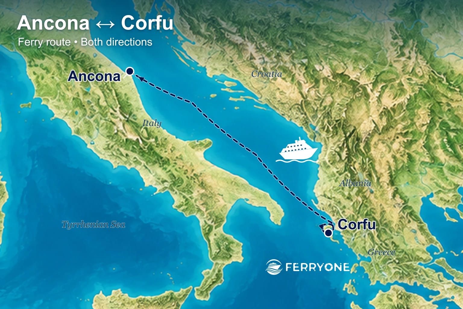 Ferry route map: Ancona – Corfu (both directions)