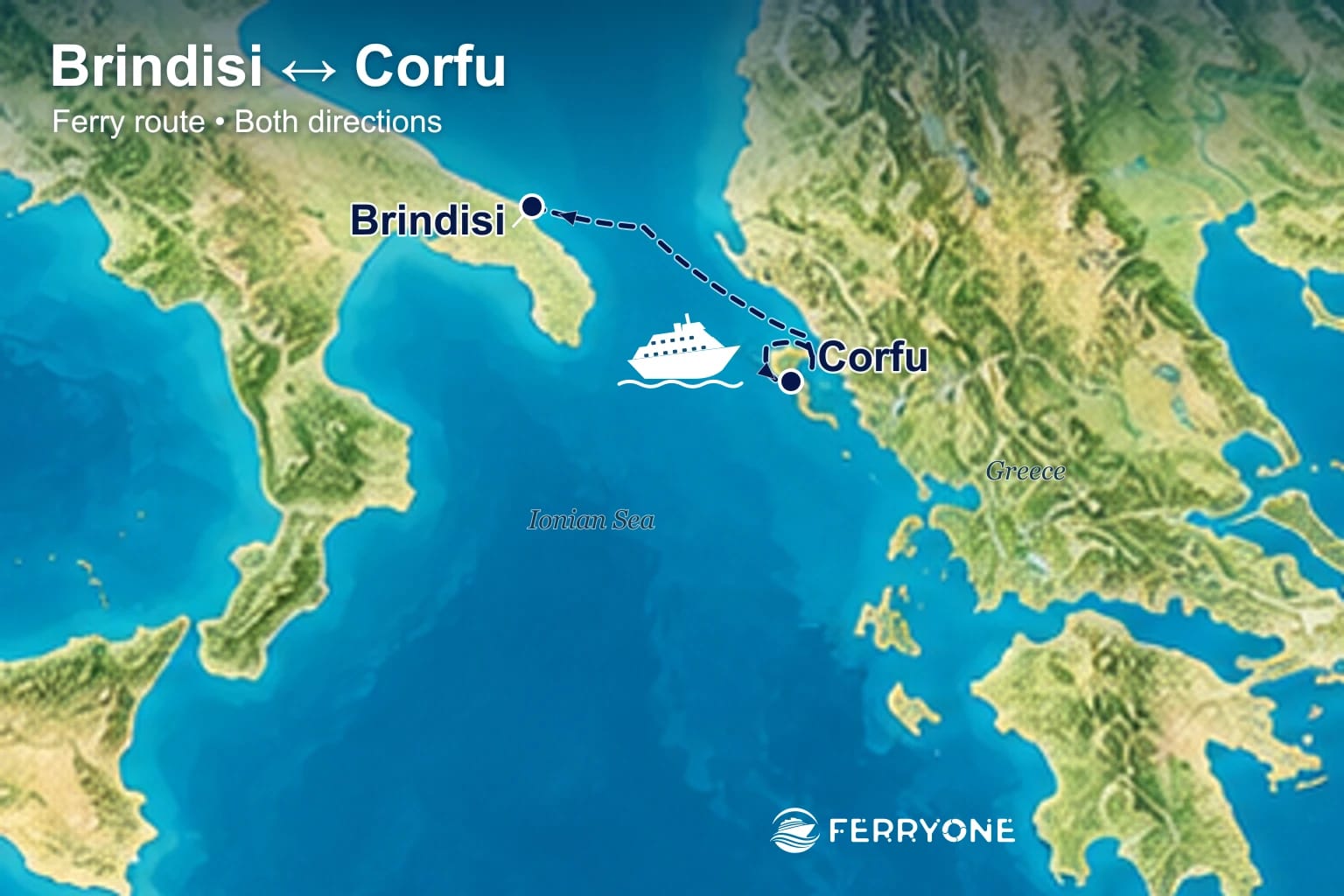 Ferry route map: Corfu – Brindisi (both directions)