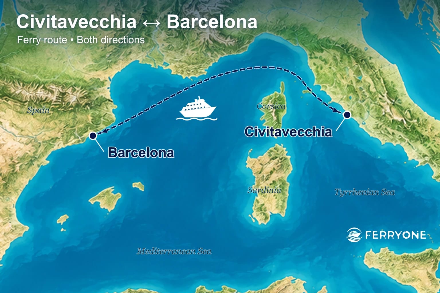 Ferry route map: Civitavecchia – Barcelona (both directions)