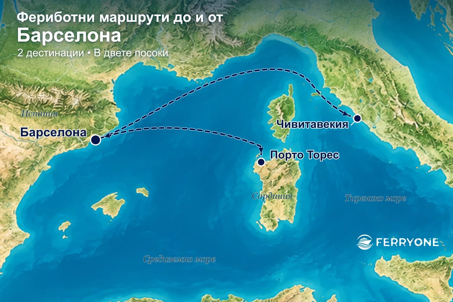 Карта на фериботните връзки до и от Барселона: Порто Торес, Чивитавекия.
