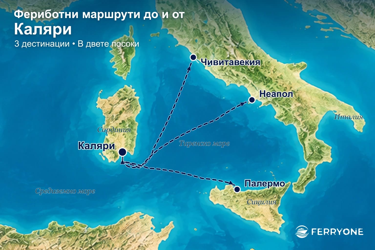Карта на фериботните връзки до и от Каляри: Чивитавекия, Неапол, Палермо.
