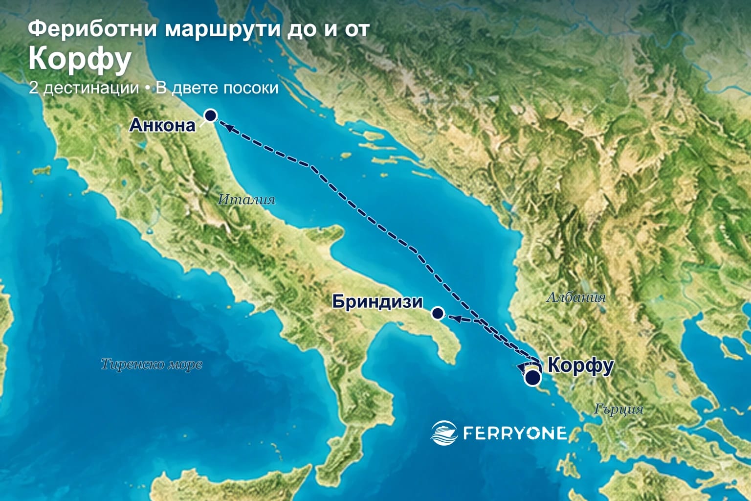 Карта на фериботните връзки до и от Корфу: Анкона, Бриндизи.