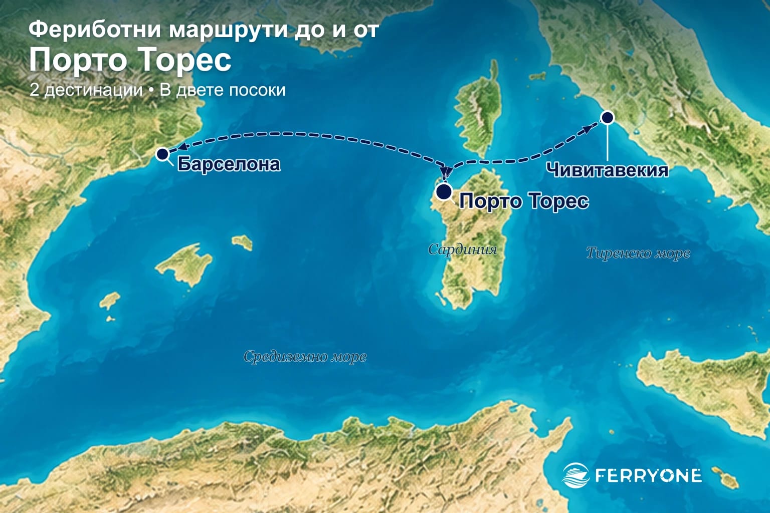 Карта на фериботните връзки до и от Порто Торес: Чивитавекия, Барселона.