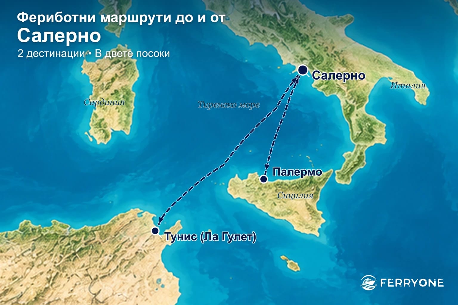 Карта на фериботните връзки до и от Салерно: Палермо, Тунис.