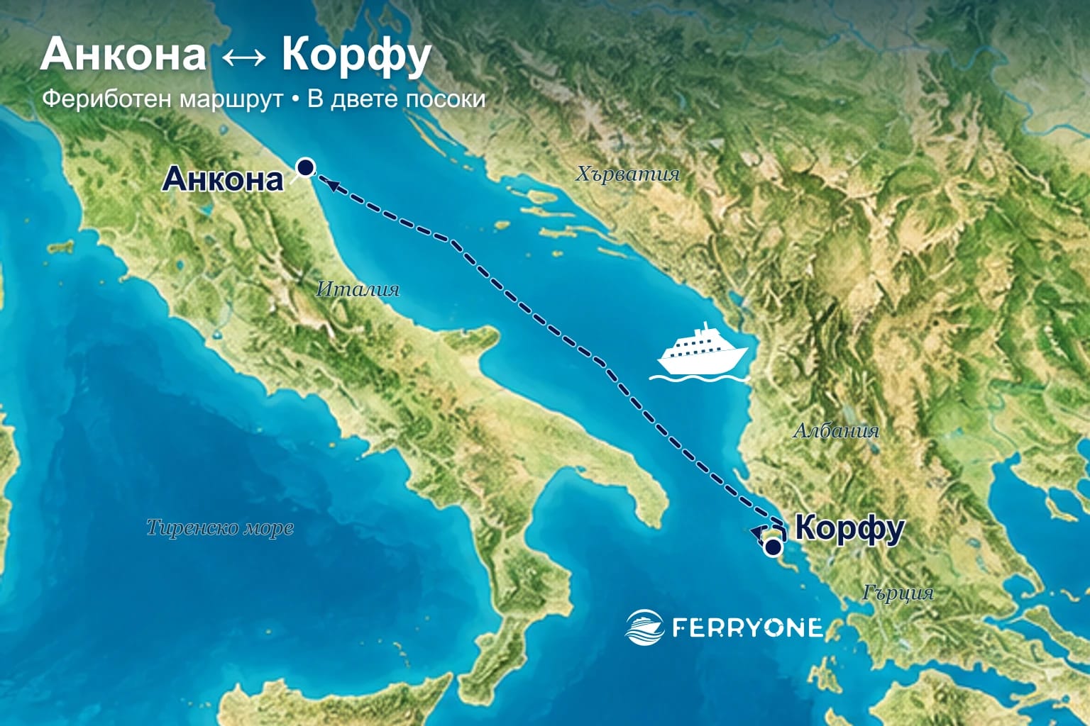 Карта на фериботния маршрут Анкона – Корфу в двете посоки