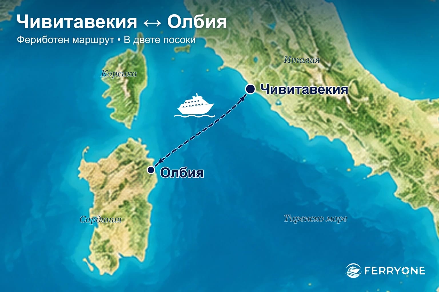 Карта на фериботния маршрут Олбия – Чивитавекия в двете посоки