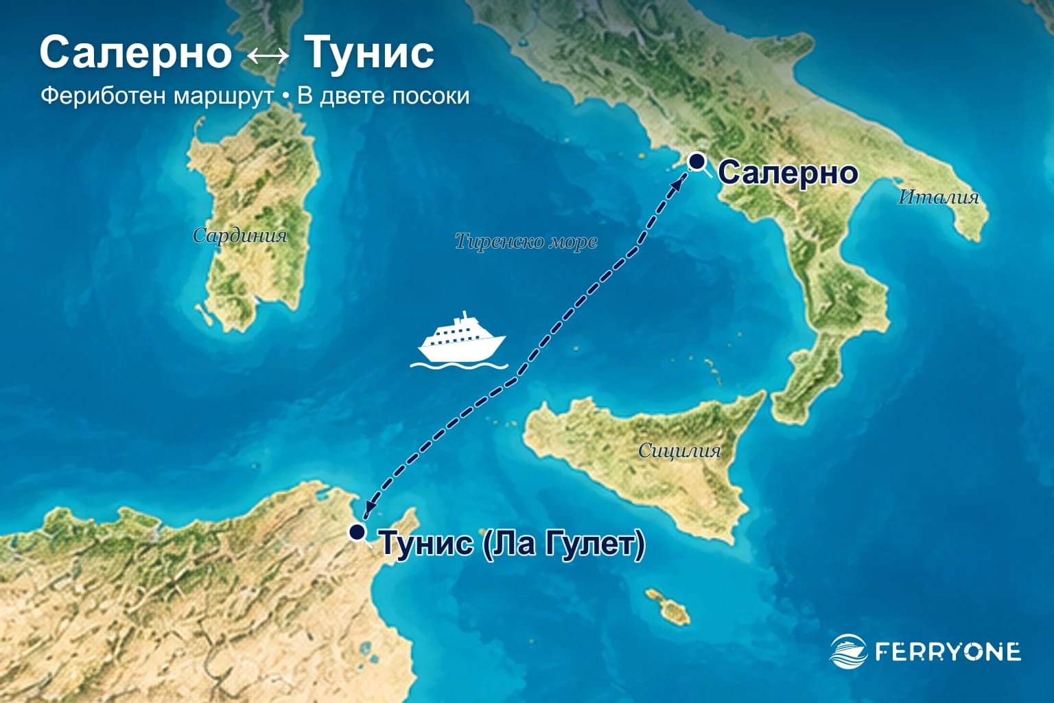 Карта на фериботния маршрут Салерно – Тунис в двете посоки