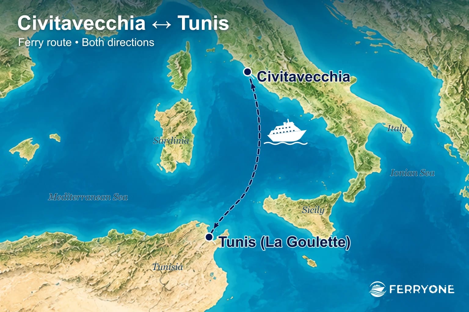 Ferry route map: Tunis – Civitavecchia (both directions)