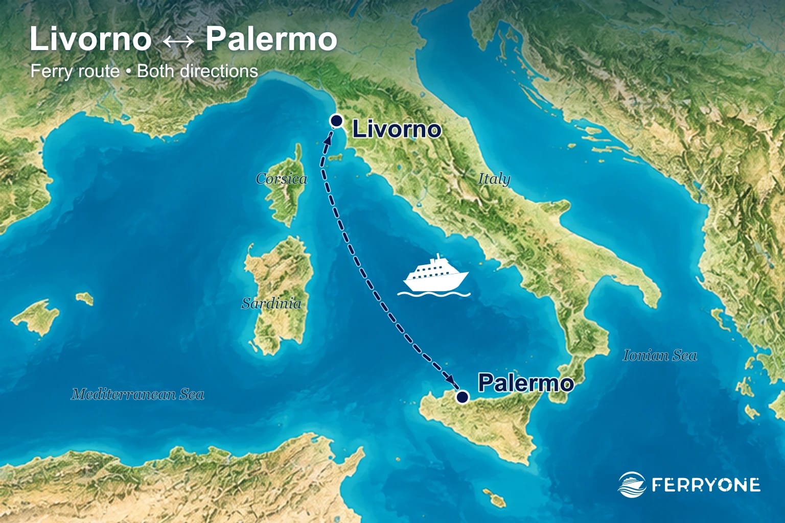 Ferry route map: Livorno – Palermo (both directions)