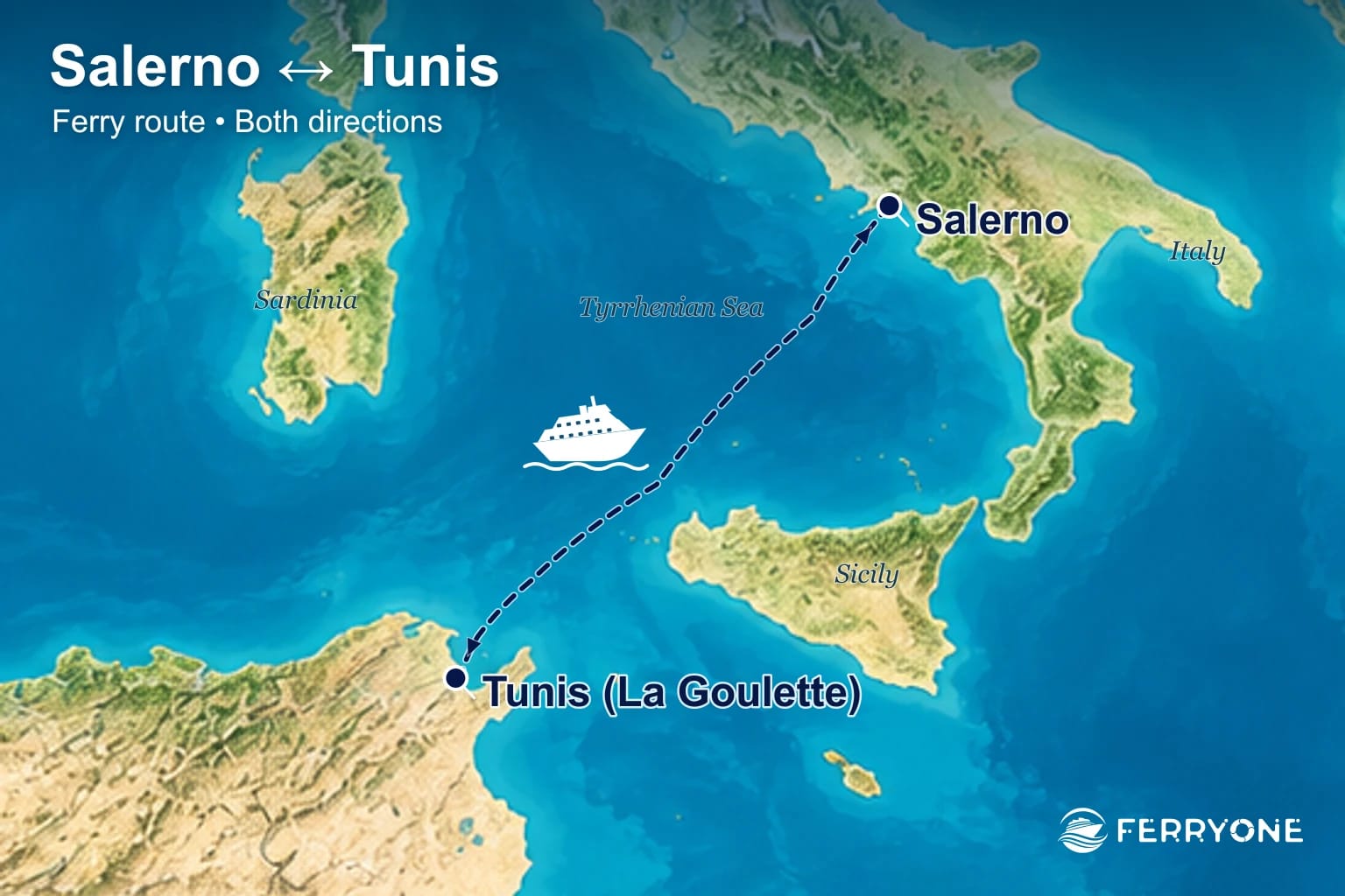 Ferry route map: Salerno – Tunis (both directions)